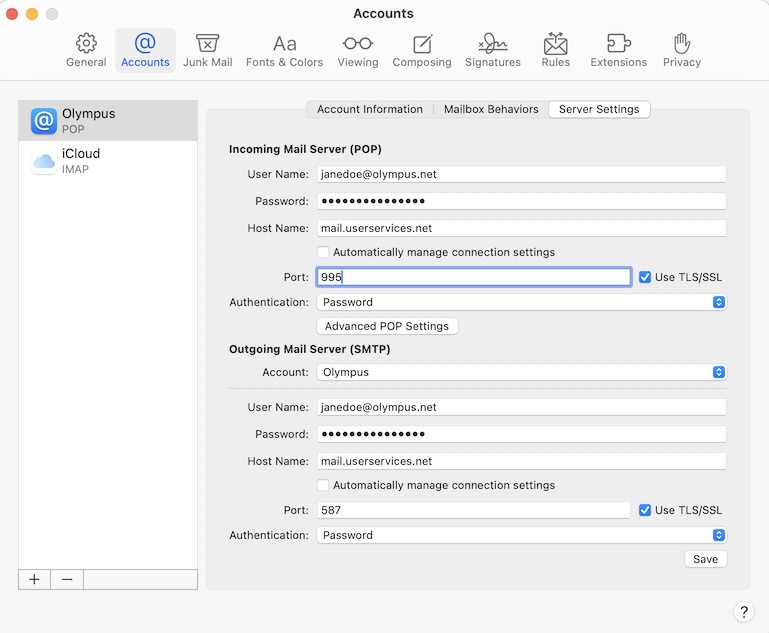 POP Account Settings