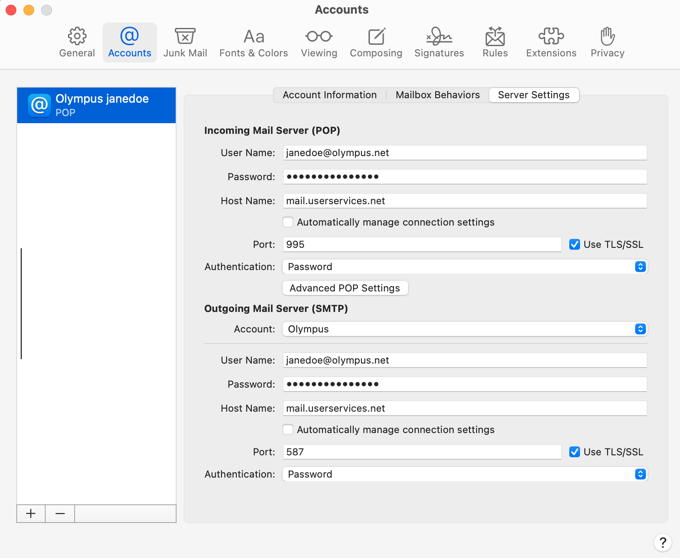 POP Account Settings